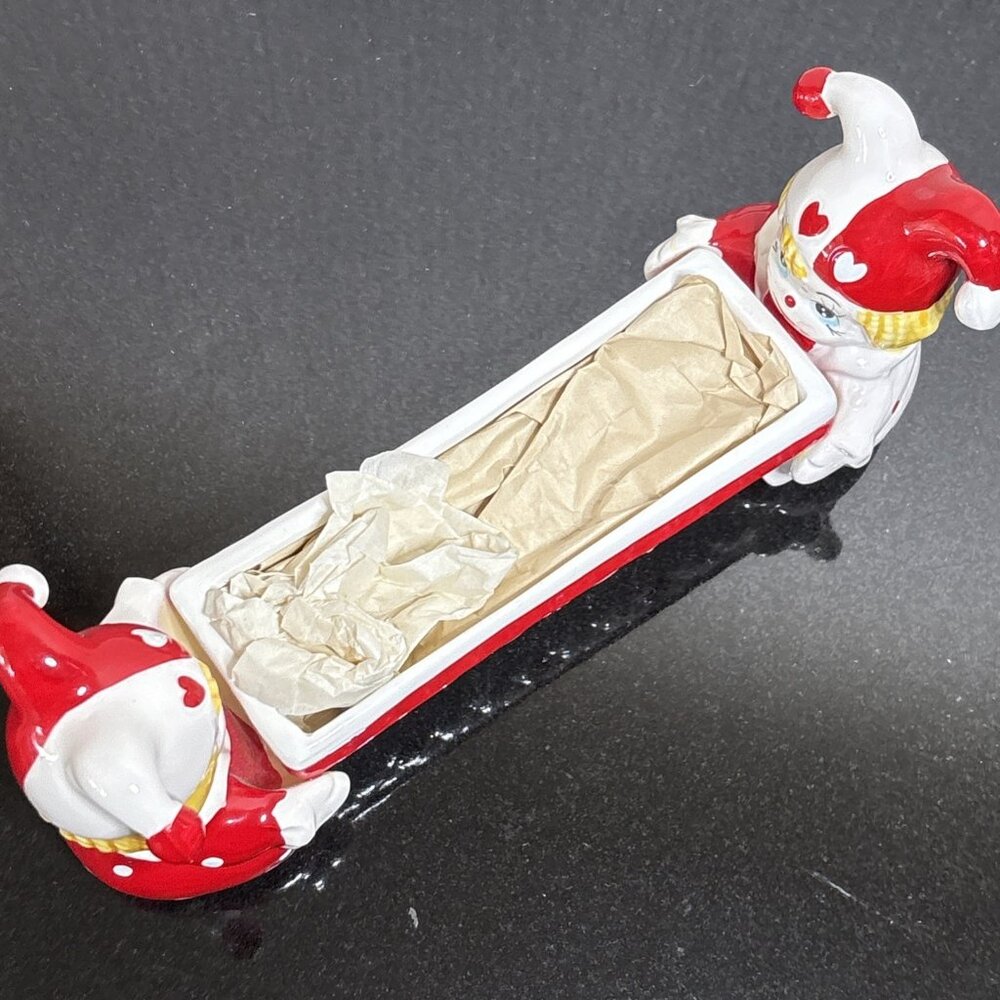 Vintage Harlequin Pixie Dish MCM Ceramic Candy Red Holiday Jester Vanity Holder - Picture 12 of 12